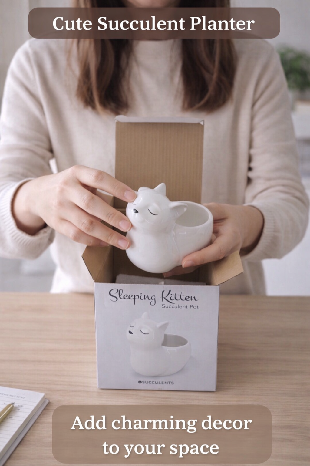 Sleepy Cat Ceramic Pot - White