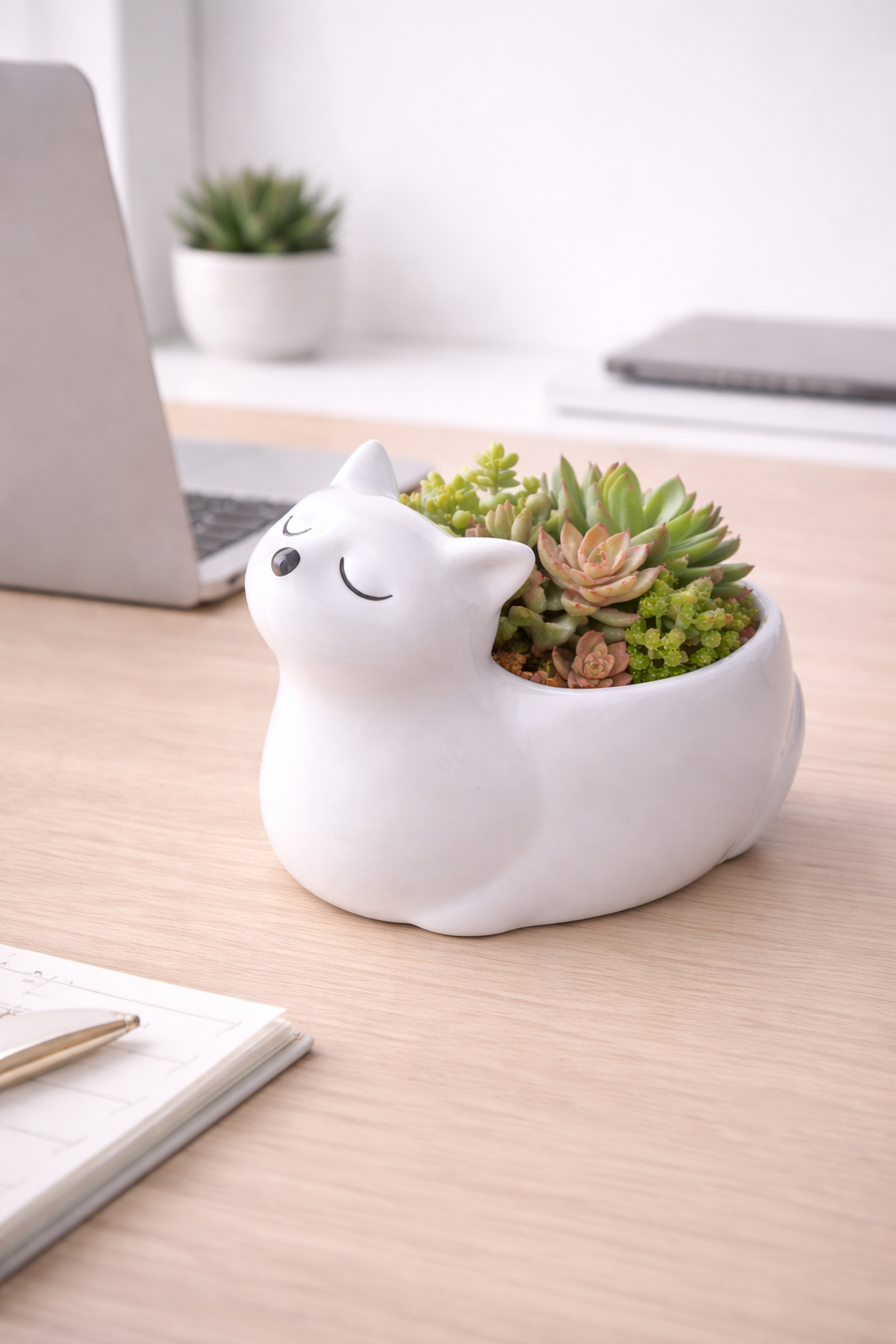 Sleepy Cat Ceramic Pot - White